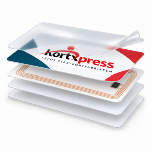 Prinsippillustrasjon av MIFARE Classic 1K med antenne og chip mellom plastlagene